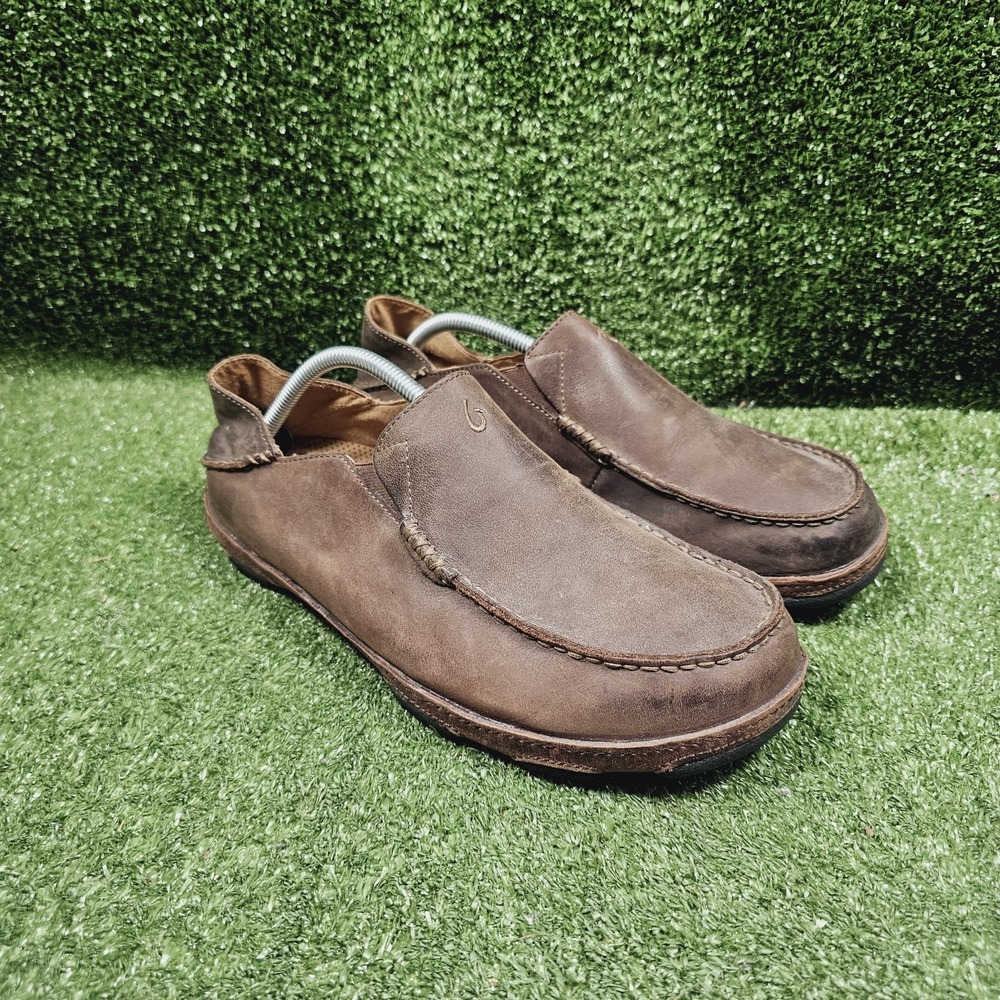 Olukai Moloa Brown Leather Drop Heel Slip On Comfort Loafers‎ Mens Size 10